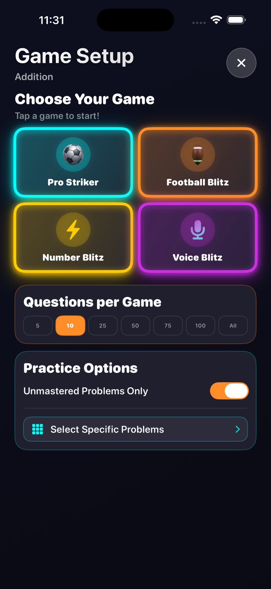 Game setup screen
