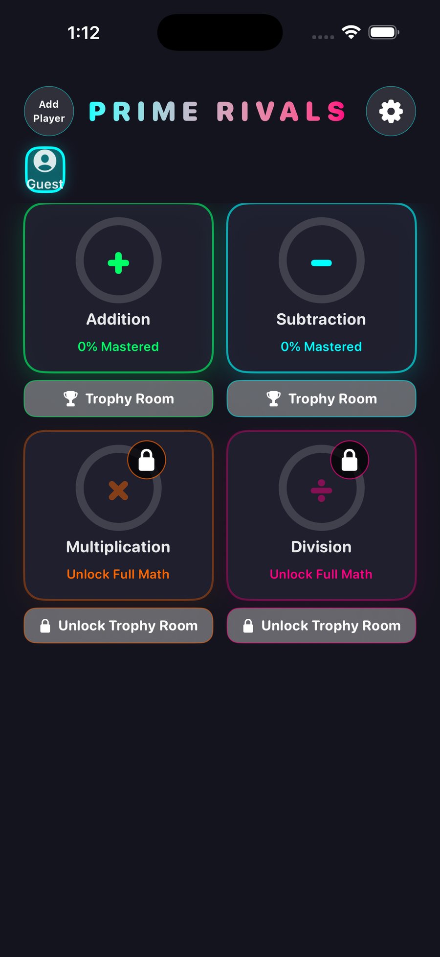Prime Rivals hub showing free addition and subtraction plus locked Full Math Unlock for multiply and divide