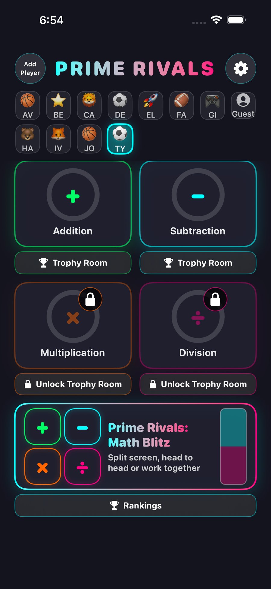 Prime Rivals main menu: free Addition and Subtraction, locked Multiplication and Division, and the new Prime Rivals: Math Blitz tile