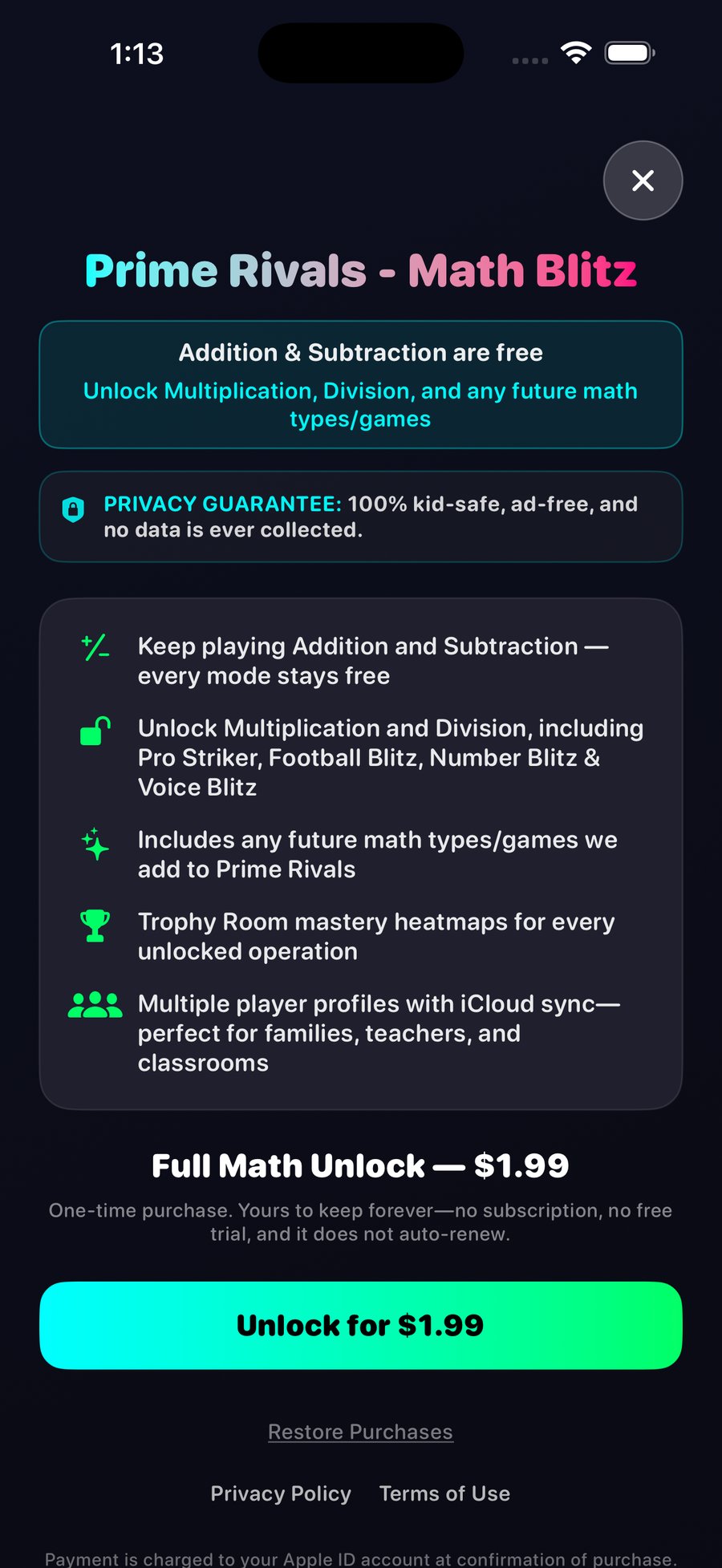 Full Math Unlock paywall showing $1.99 one-time purchase