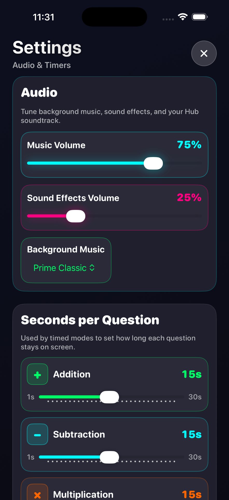 Timers and audio settings